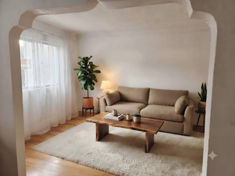 A living room with a beige sofa, a wooden coffee table, and a potted plant.