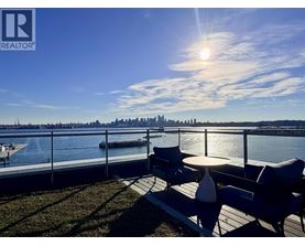 A sunny day at the waterfront with a city skyline in the distance.