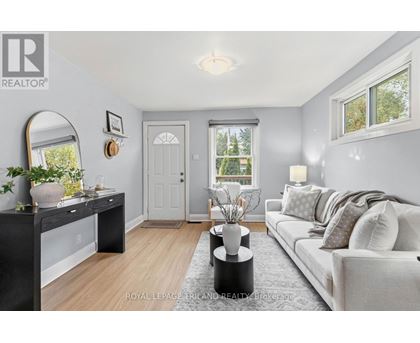A well-lit living room with a grey couch and a black console table.