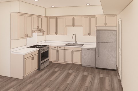 A kitchen with wooden floors and a refrigerator on the right.