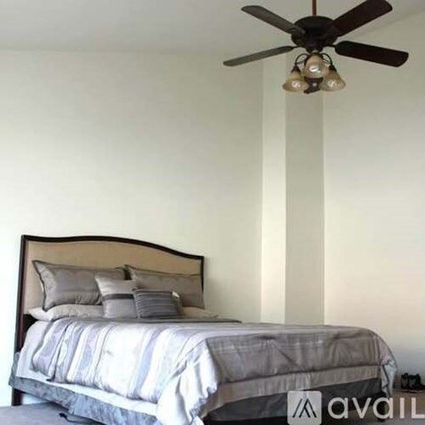 A bedroom with a bed, pillows, a ceiling fan, and a striped comforter.