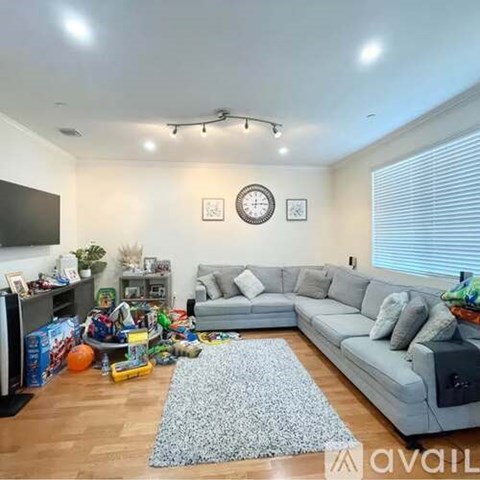 A living room with a grey sofa, a television, and a rug on the floor.