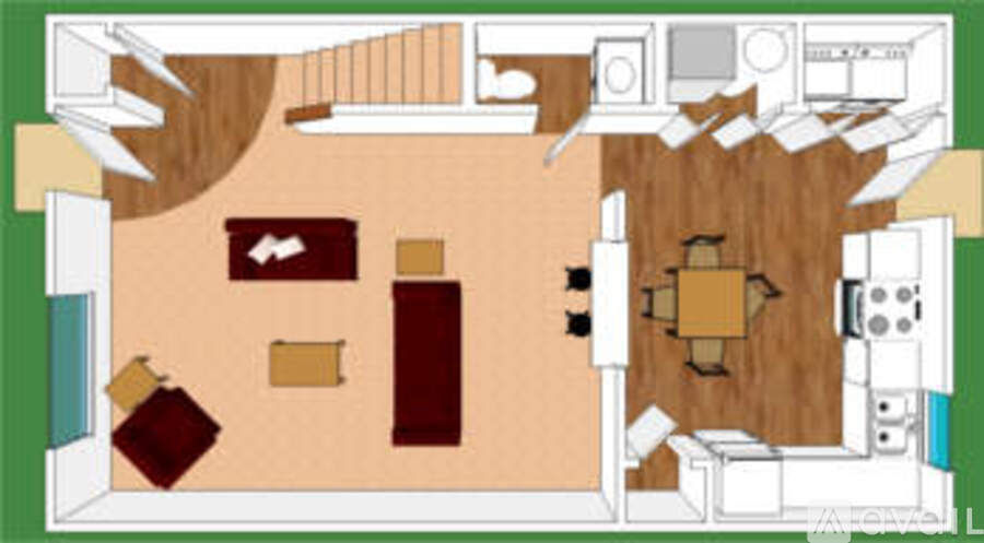 A floor plan of a house with a kitchen, living room, and dining room.