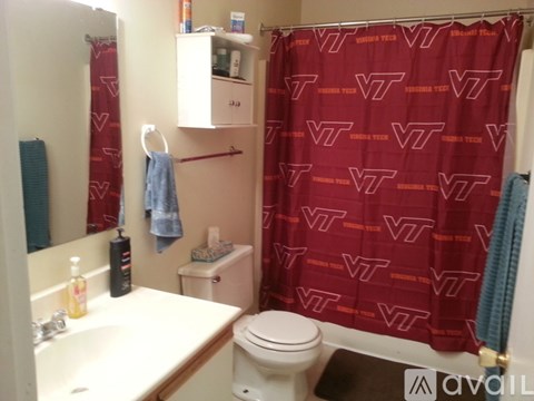 A bathroom with a red shower curtain and a white toilet.