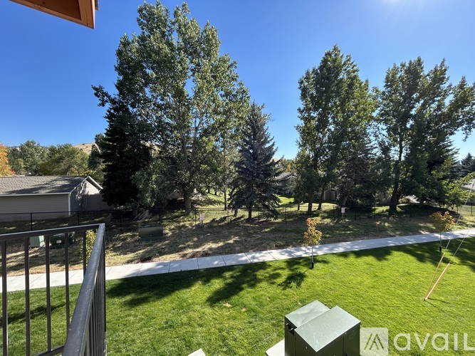 A backyard with a fence, trees, and a shed.