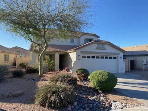 A house with a white garage door and a tree in front.