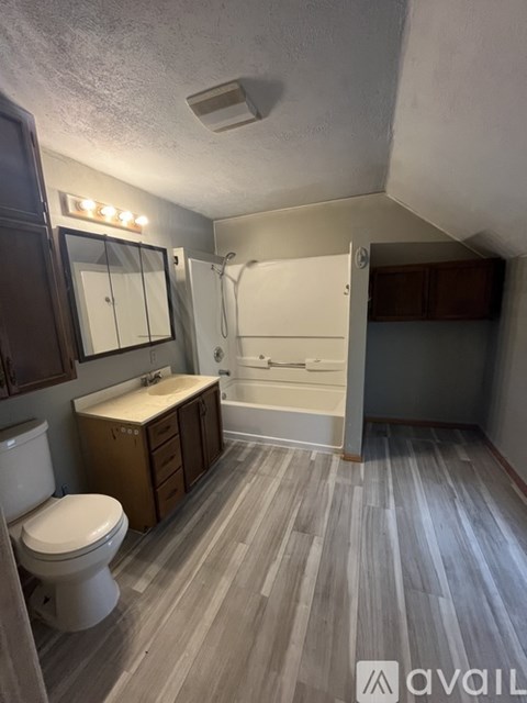 A bathroom with a toilet, sink, and wooden floors.