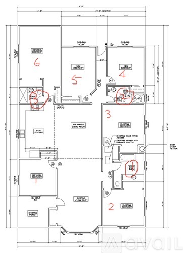 A floor plan of a building with numbered rooms and labeled areas.