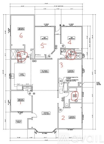 A floor plan of a building with numbered rooms and labeled areas.