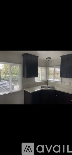 A kitchen with black cabinets and a white countertop.
