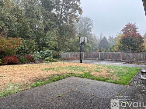 A basketball hoop stands in the middle of a grassy area with a fence and trees in the background.