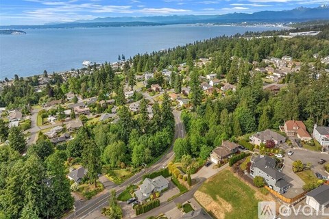 A bird's eye view of a residential area with houses surrounded by trees and a body of water in the distance.