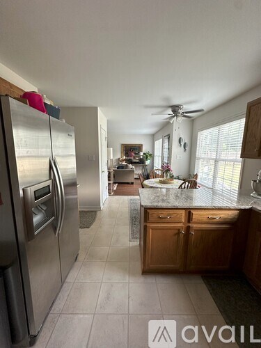A kitchen with a refrigerator on the left and a sink in the middle.
