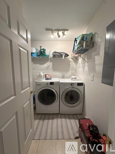 A small laundry room with two washing machines and a rug on the floor.