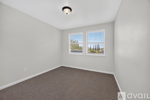 A room with a carpeted floor and two windows.