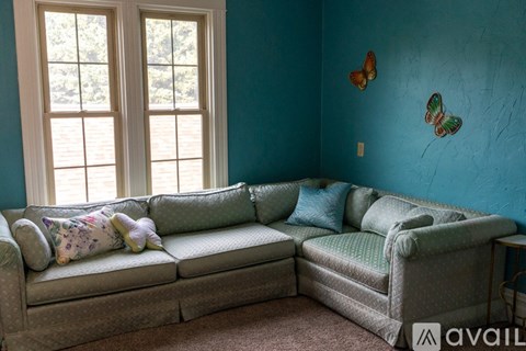 A living room with a grey couch and two butterflies on the wall.