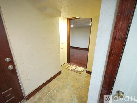 A hallway with a door and a mat on the floor.