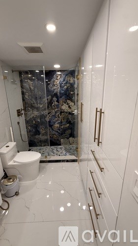 A bathroom with a toilet, a walk-in shower, and a towel rack.