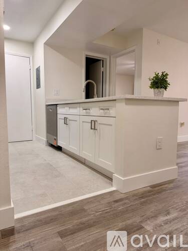 A kitchen with white cabinets and a plant on the counter.