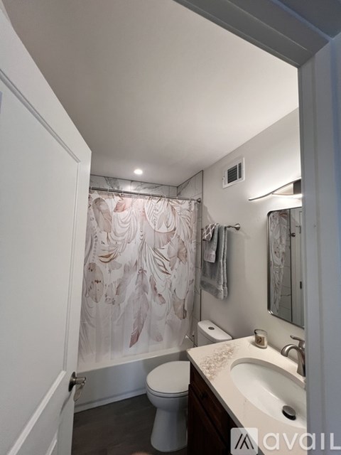 A bathroom with a toilet, sink, and shower curtain.