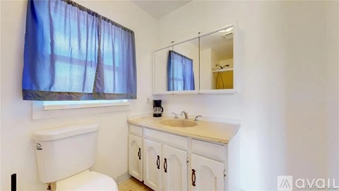 A white bathroom with a toilet, sink, and a window with blue curtains.