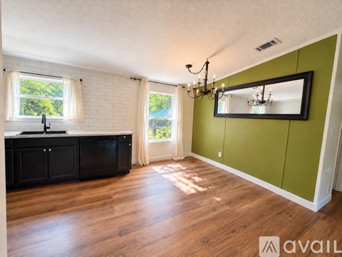 A room with a green wall and a black cabinet.