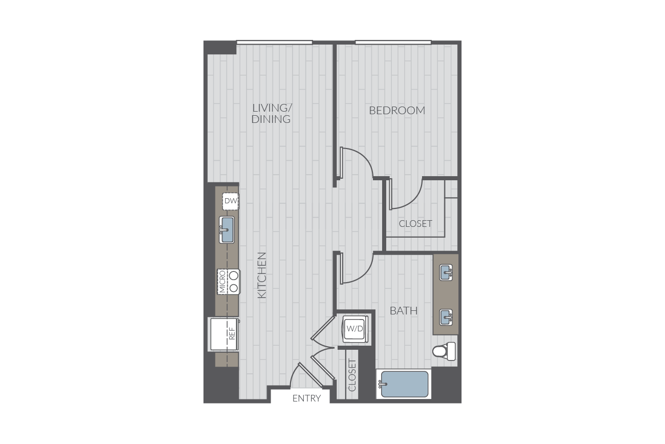 One bedroom floor plan layout. Includes one bathroom and washer/dryer.