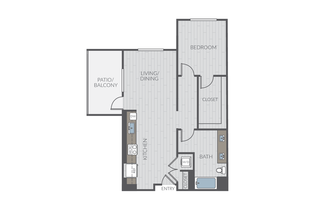 One bedroom floor plan layout. Includes one bathroom and washer/dryer.