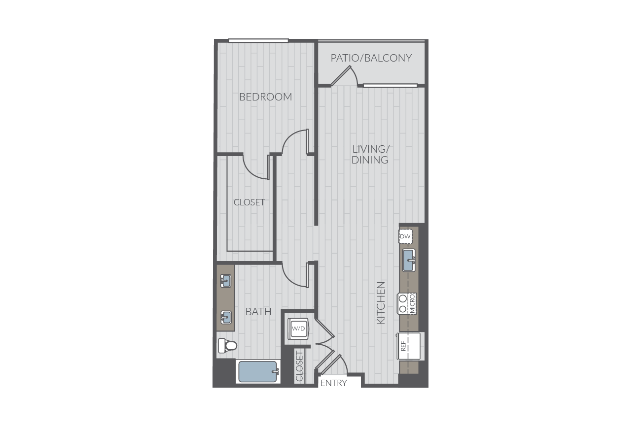 One bedroom floor plan layout. Includes one bathroom and washer/dryer.