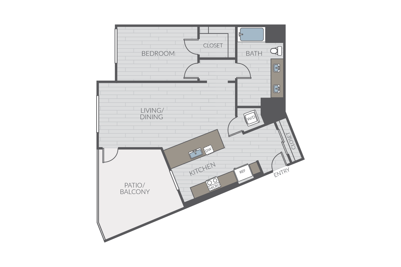 One bedroom floor plan layout. Includes one bathroom and washer/dryer.