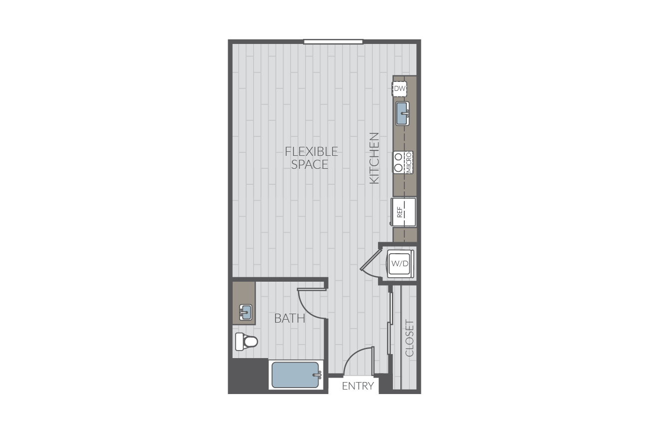 Studio apartment floor plan layout. Includes kitchen, one bathroom and washer/dyrer