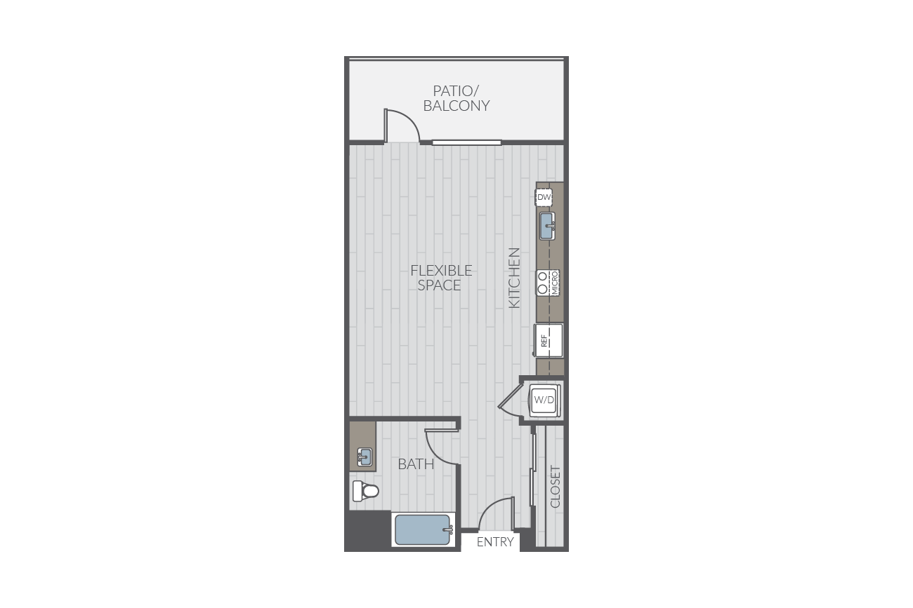 Studio apartment floor plan layout. Includes kitchen, one bathroom and washer/dyrer