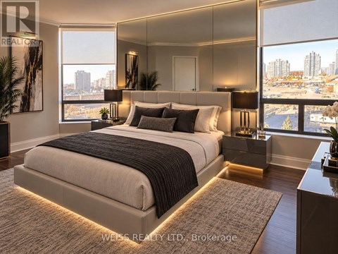 A bedroom with a large bed and a view of the city.
