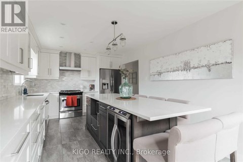 A modern kitchen with white cabinets and a large island.