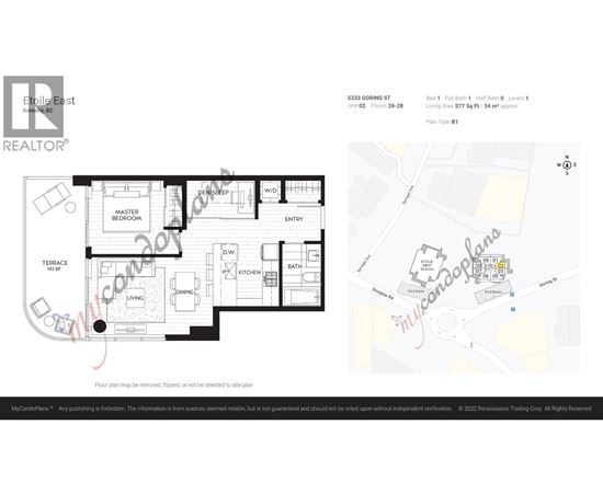 A floor plan for a condo is shown with a small map of the surrounding area.