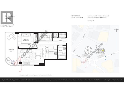A floor plan for a condo is shown with a small map of the surrounding area.