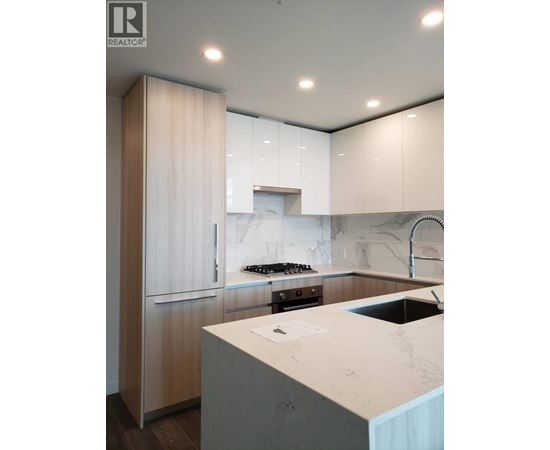 A modern kitchen with a marble countertop and wooden cabinets.