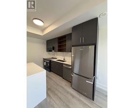 A modern kitchen with a refrigerator, microwave, and oven.