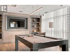 A pool table in a room with a television and shelving units.