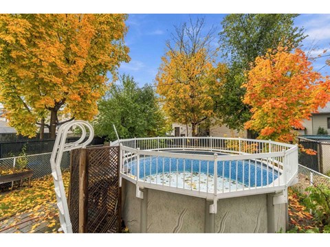 A small above ground pool surrounded by a fence and trees with autumn leaves.