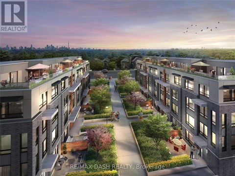 A rendering of a modern apartment complex with balconies and landscaped courtyards.