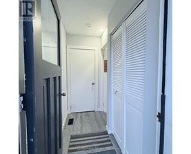 A hallway with white doors and a striped rug on the floor.