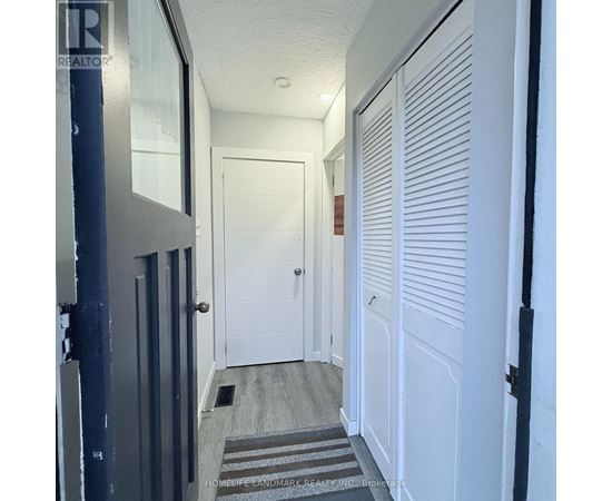 A hallway with white doors and a striped rug on the floor.