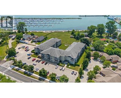 A bird's eye view of a residential area with a marina in the background.