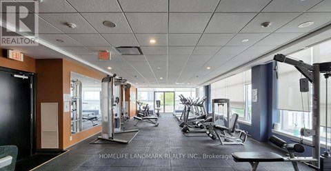 A gym with a variety of equipment including treadmills, weights, and exercise machines.