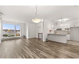 A spacious kitchen and living room with wooden flooring and white walls.