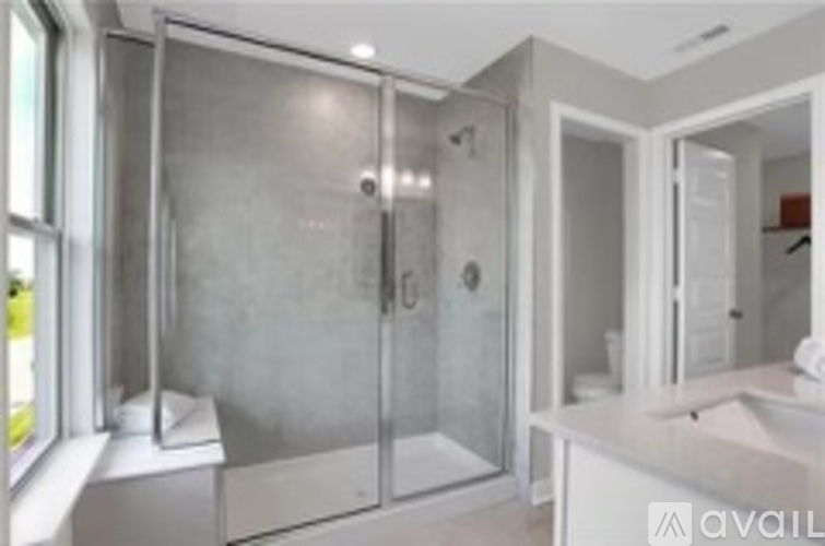A bathroom with a walk-in shower and a white sink.