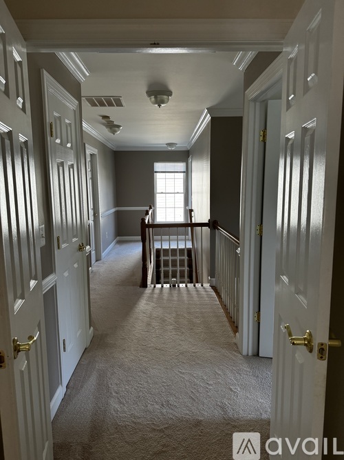A hallway with white doors and a carpeted floor.