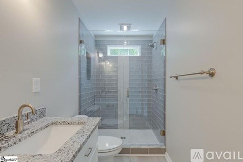 A bathroom with a marble countertop and a walk-in shower.