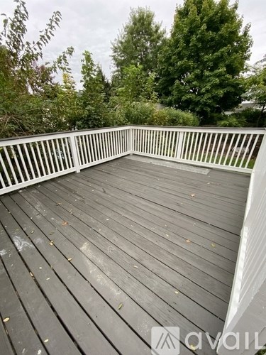 A deck with a white railing and grey decking surrounded by greenery.